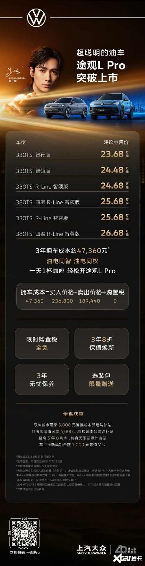 途观L Pro开启“油电同智”新时代 三年拥车成本仅47,360元起